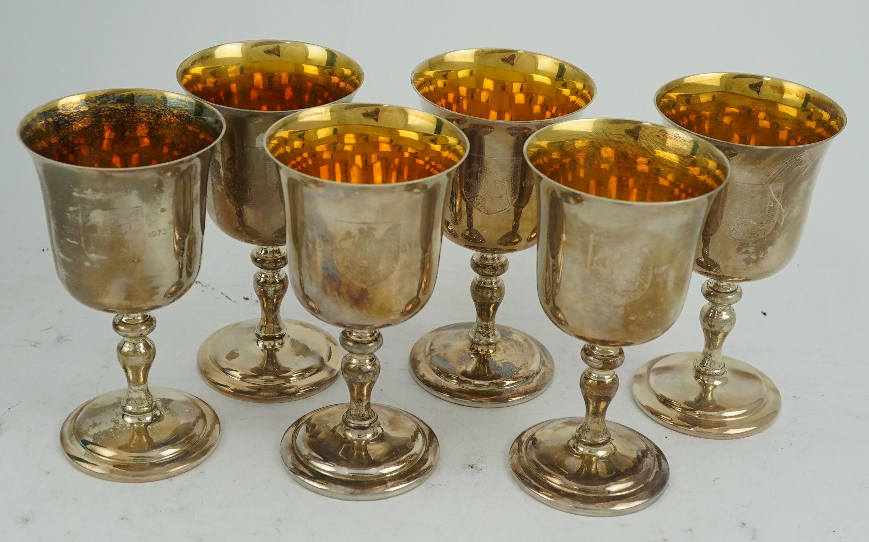 A cased set of six limited edition Elizabeth II silver Bristol Charter 600th Anniversary commemorative goblets by Barker Ellis Silver Co